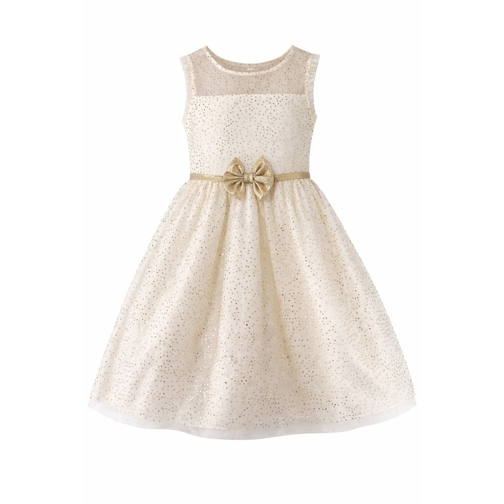 JONA MICHELLE‎ Dress Girls Size 12 Ivory/ White Gold Sequins Bow Holiday EUC